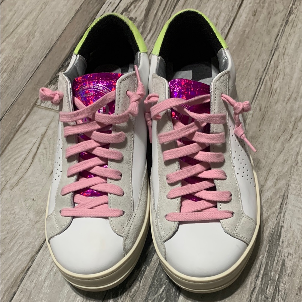 P448 White Sneakers With Pink Laces And Neon Green Heel